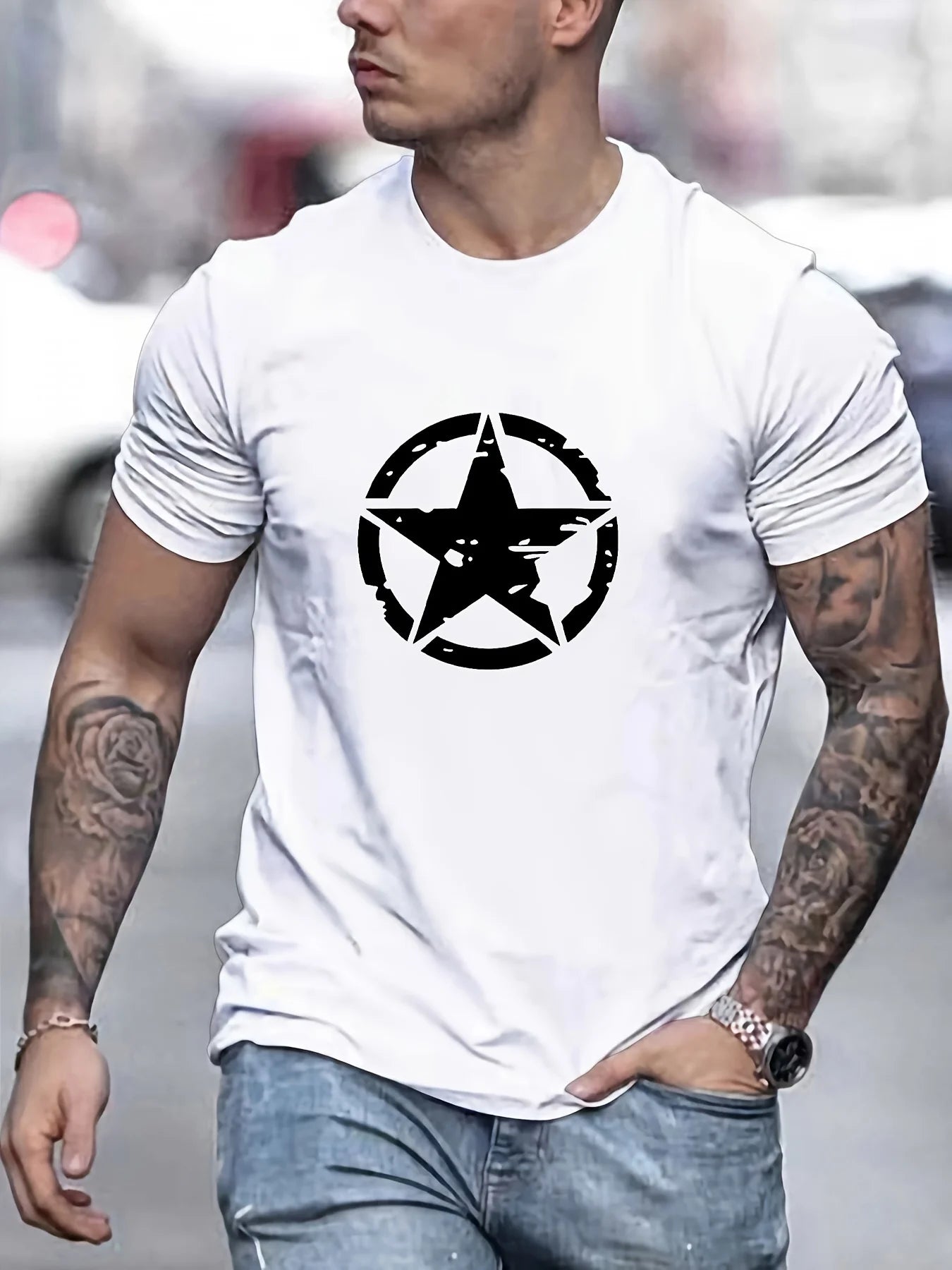 Summer men's 100% cotton comfortable casual loose oversized star logo graphic printed sports round neck short sleeved T-shirt