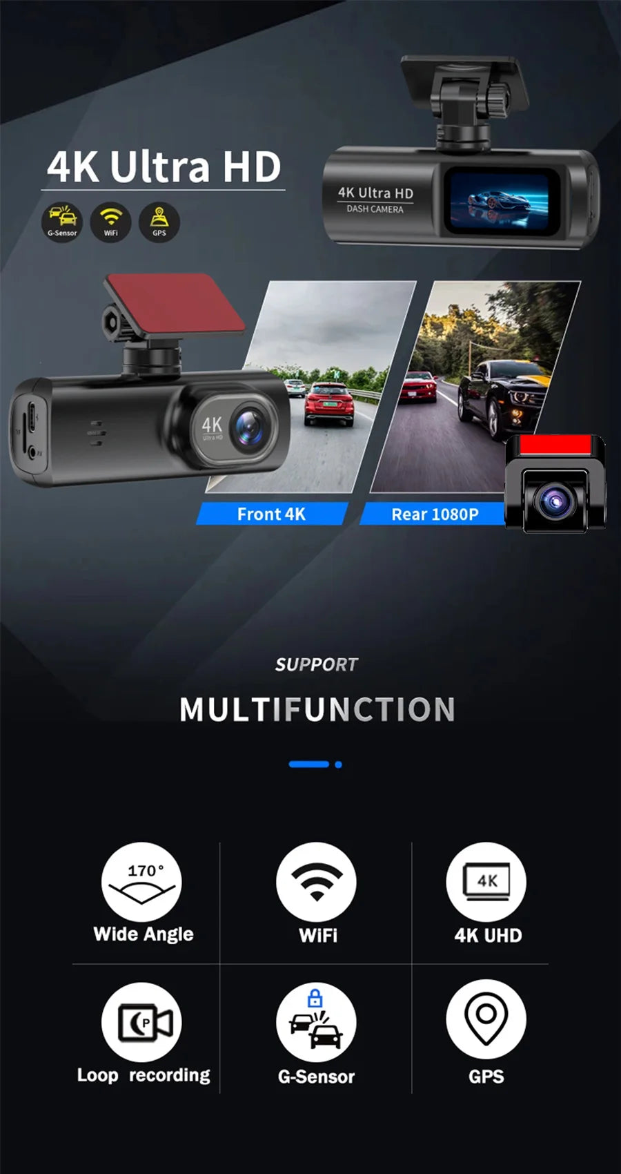 E-ACE UHD 4K Dashcam With GPS WiFi Night Vision 24h Parking Loop Dual Channel Recording 4K Front and 1080P Rear Dual Lens