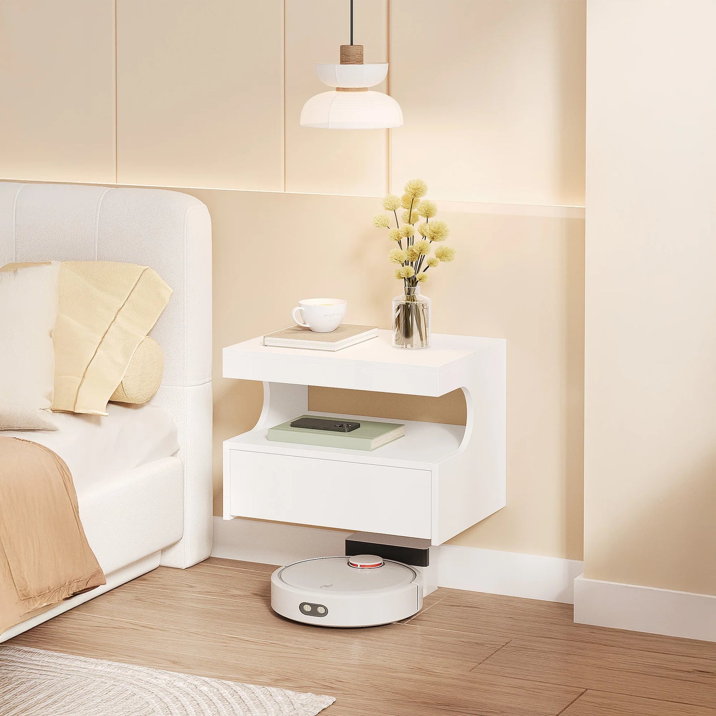 Floating Bedside Wall Shelf — 1 Drawer & Open Storage Modern Design