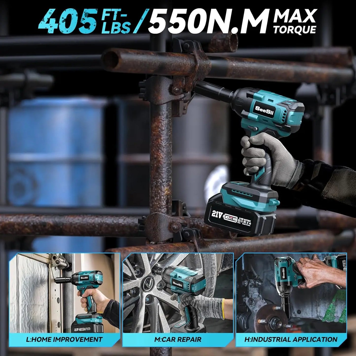 Seesii Impact Wrench Cordless 550N.m Power Impact Gun 1/2 Inch 3300RPM Electric Wrench WH550 4.0Ah Battery for Makita Car Repair