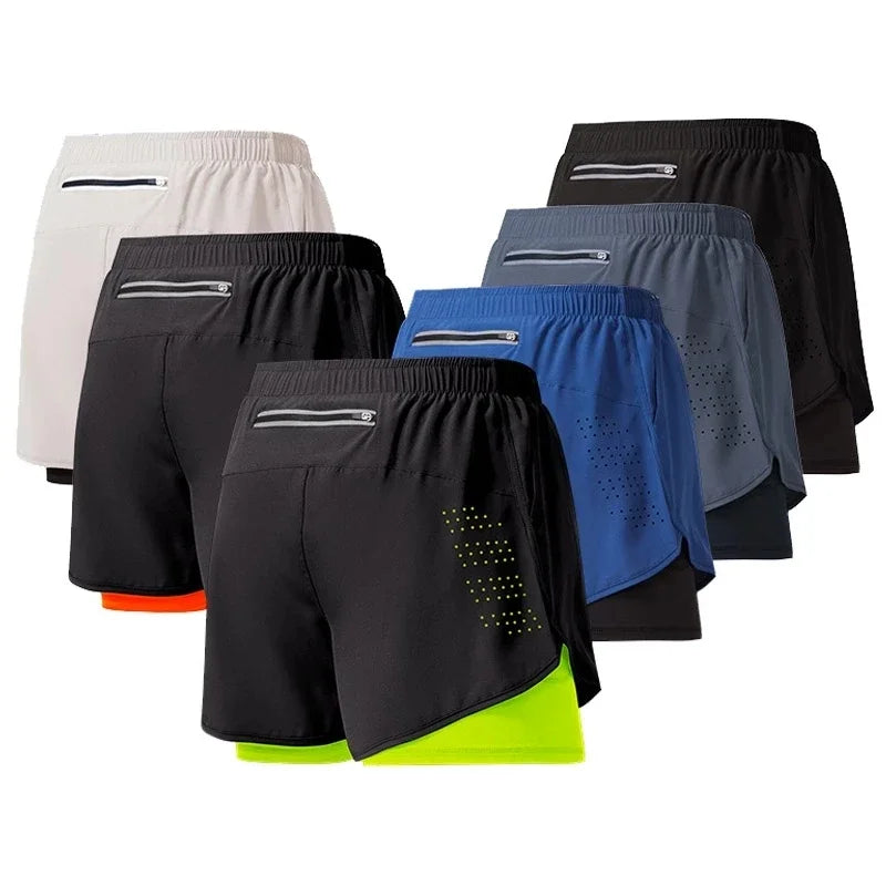 2 In 1 Fitness Men's Shorts. Training, Gym, Sports Short Pants Built-in Pocket Double-deck WAREHOUSE SHOP