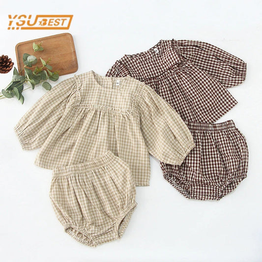 Infant Baby Boys Girls Clothes Set Spring Autumn Kids Baby Boys Girls Long Sleeve Grid T-shirt + Shorts 2pcs Toddler Clothes WAREHOUSE SHOP
