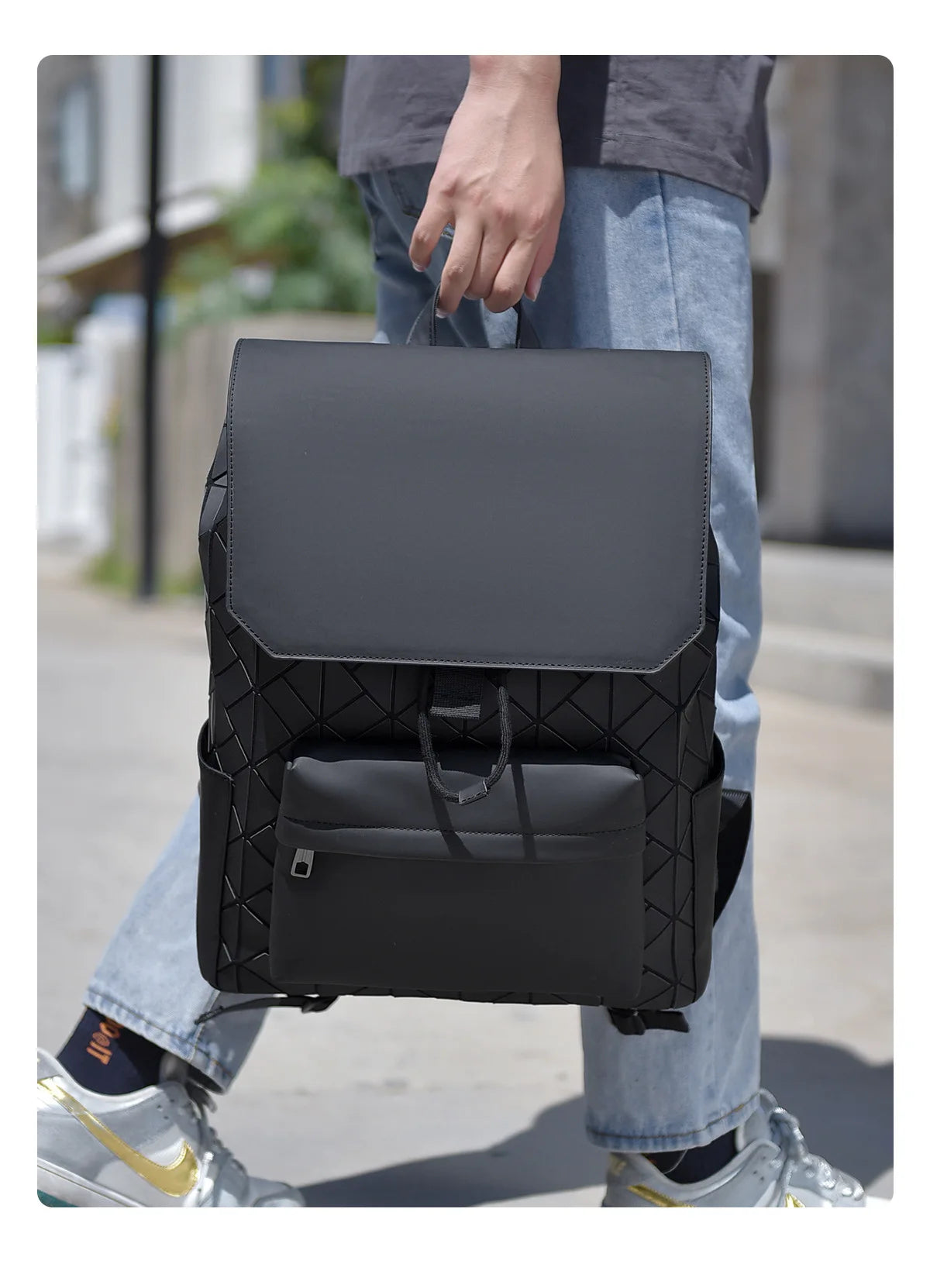 Trendy Brand Backpack Men's Bag Rhombus Laser Reflective Student School Bag Large Capacity Commuter Computer Bag