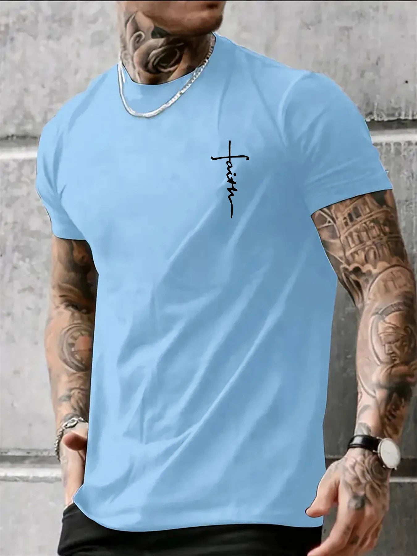 Men's Summer 100% Cotton Fashionable Casual Loose Large Size Faith Cross Printed Sports Round Neck Short Sleeve T-shirt Top