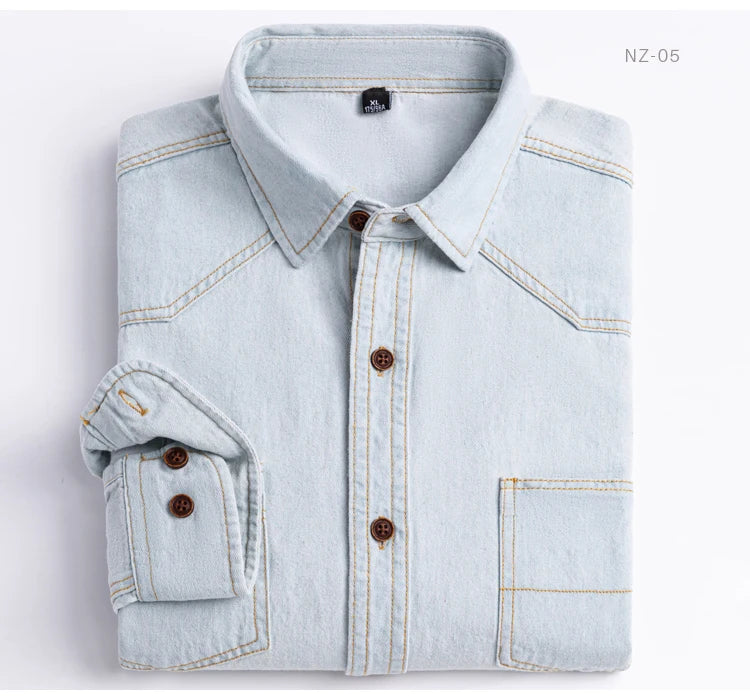 Men's Denim Casual Long Sleeve Pocket Shirt. Regular-Fit Comfortable Soft. 100% Cotton Washed Durability