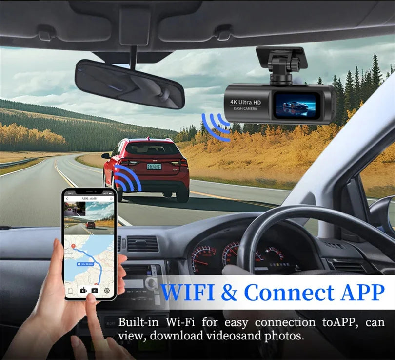 E-ACE UHD 4K Dashcam With GPS WiFi Night Vision 24h Parking Loop Dual Channel Recording 4K Front and 1080P Rear Dual Lens