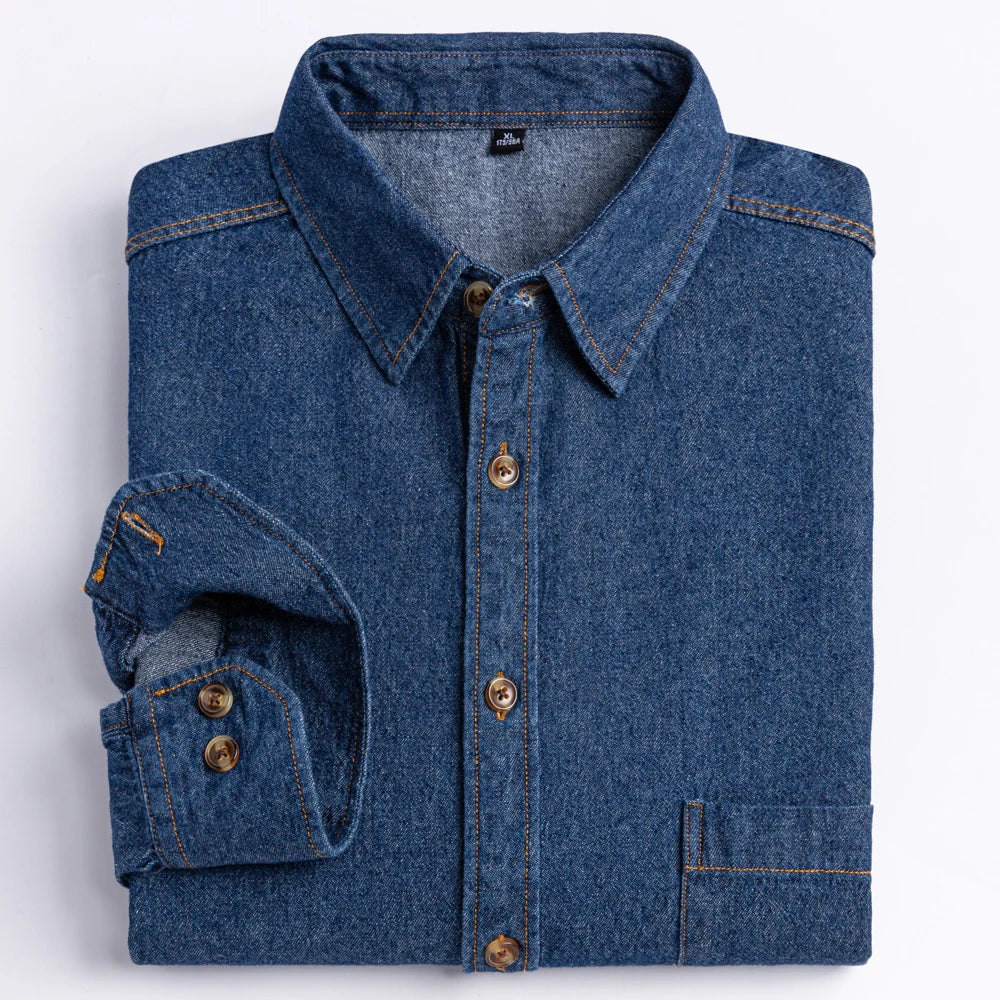 Men's Denim Casual Long Sleeve Pocket Shirt. Regular-Fit Comfortable Soft. 100% Cotton Washed Durability