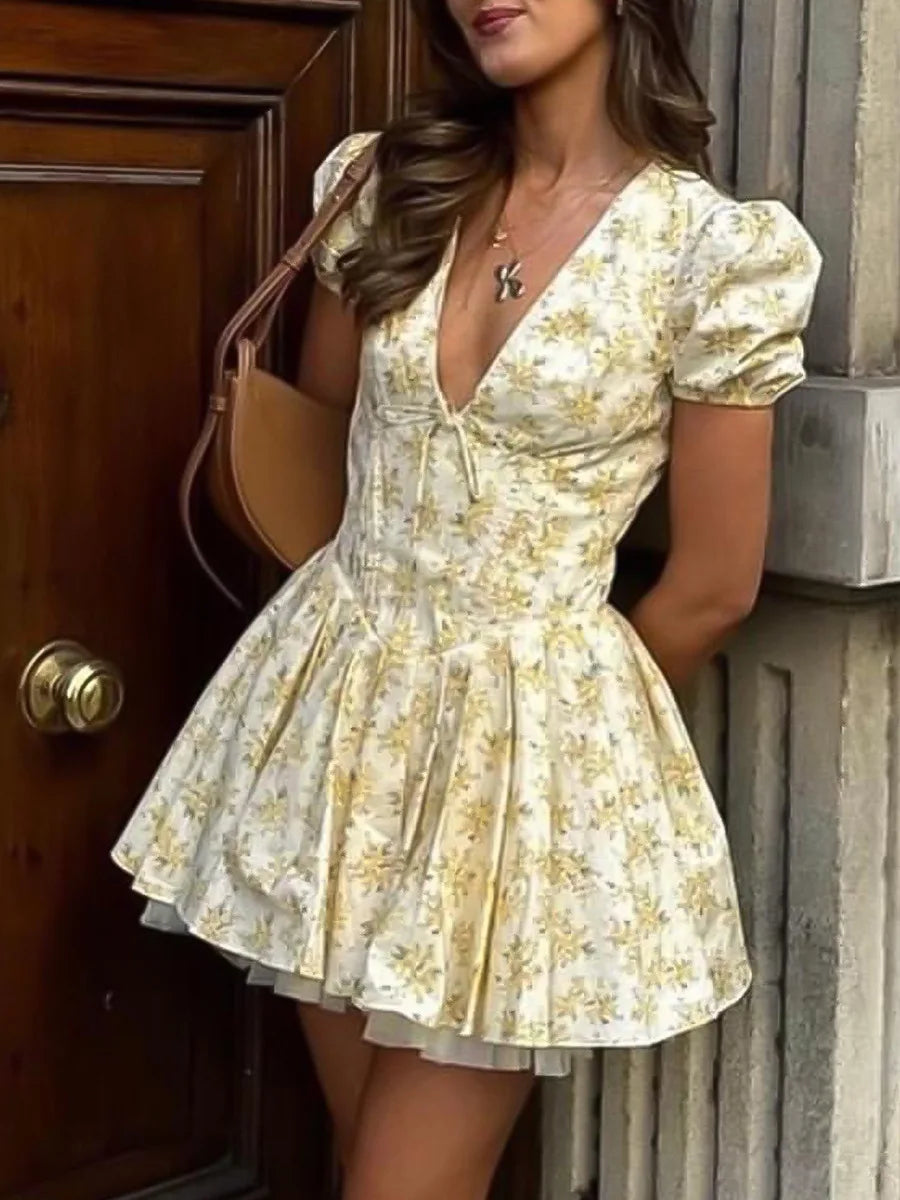 Talenza Printed V-Neck Short Sleeve Mini Dress Women's Summer Sexy Floral Pleated Party A-Line Dress High Waist Slim Mini Dress