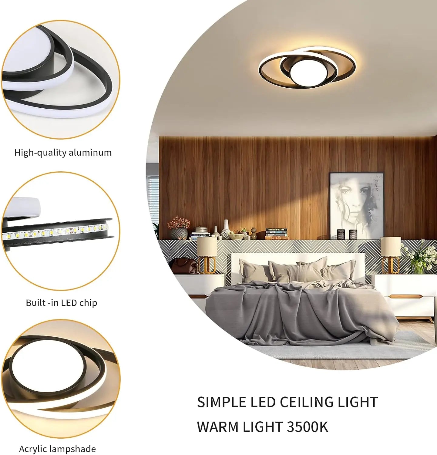 39W Ceiling Lamp,Double Round LED Ceiling Lamp,LED Ceiling Lamps Warm Light 3000K,Bedroom Ceiling Lamp,LED Ceiling Lamp Kitchen