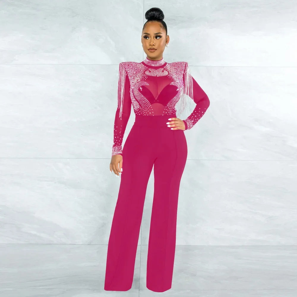 CM.YAYA Women Jumpsuit Solid High Collar Hot Drill Mesh Shoulder Cotton Long Sleeves Long Straight Jumpsuit Sexy Party Outfits