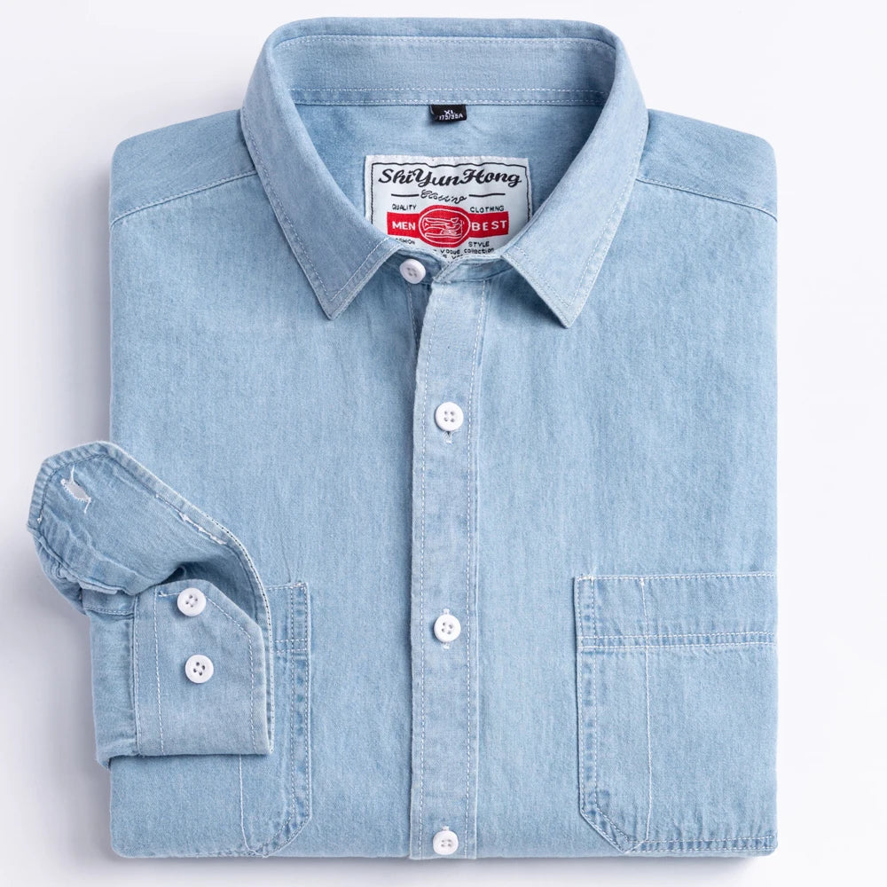 Men's Denim Casual Long Sleeve Pocket Shirt. Regular-Fit Comfortable Soft. 100% Cotton Washed Durability