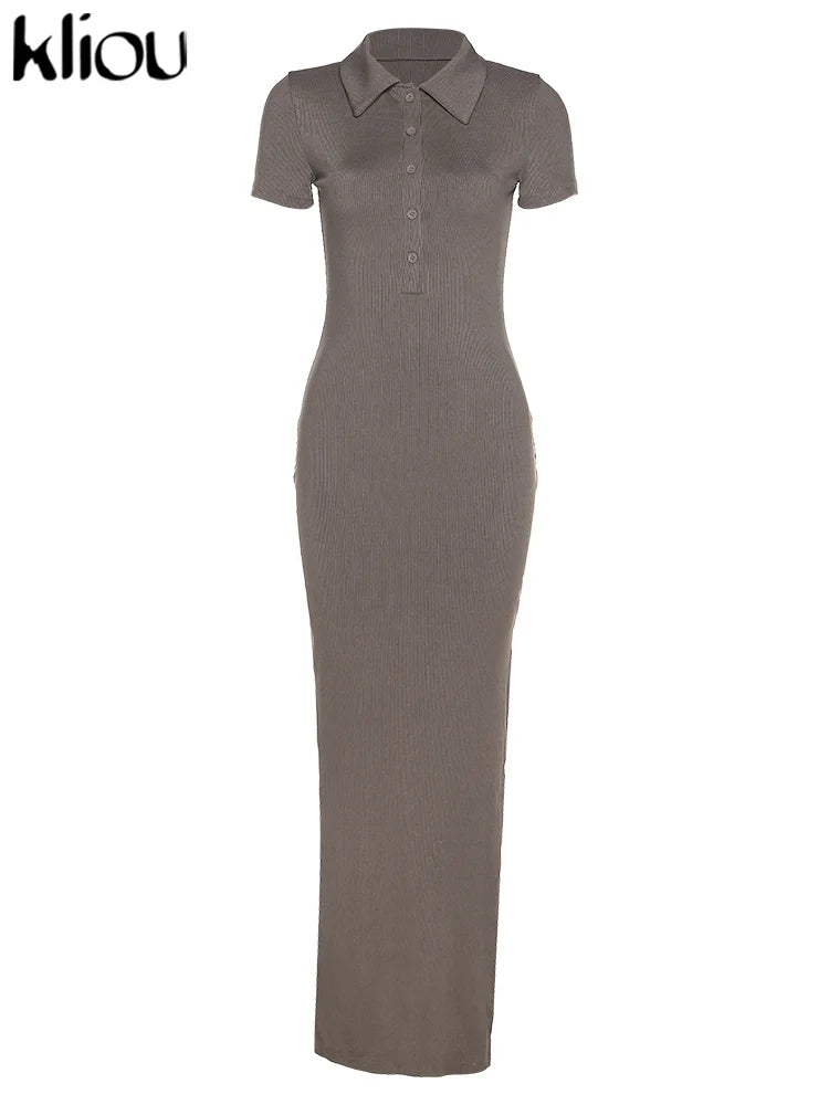 Classy Kliou Lady Dress.  Button Side Slit Body, with Turn-down Collar Short Sleeve-Shaping