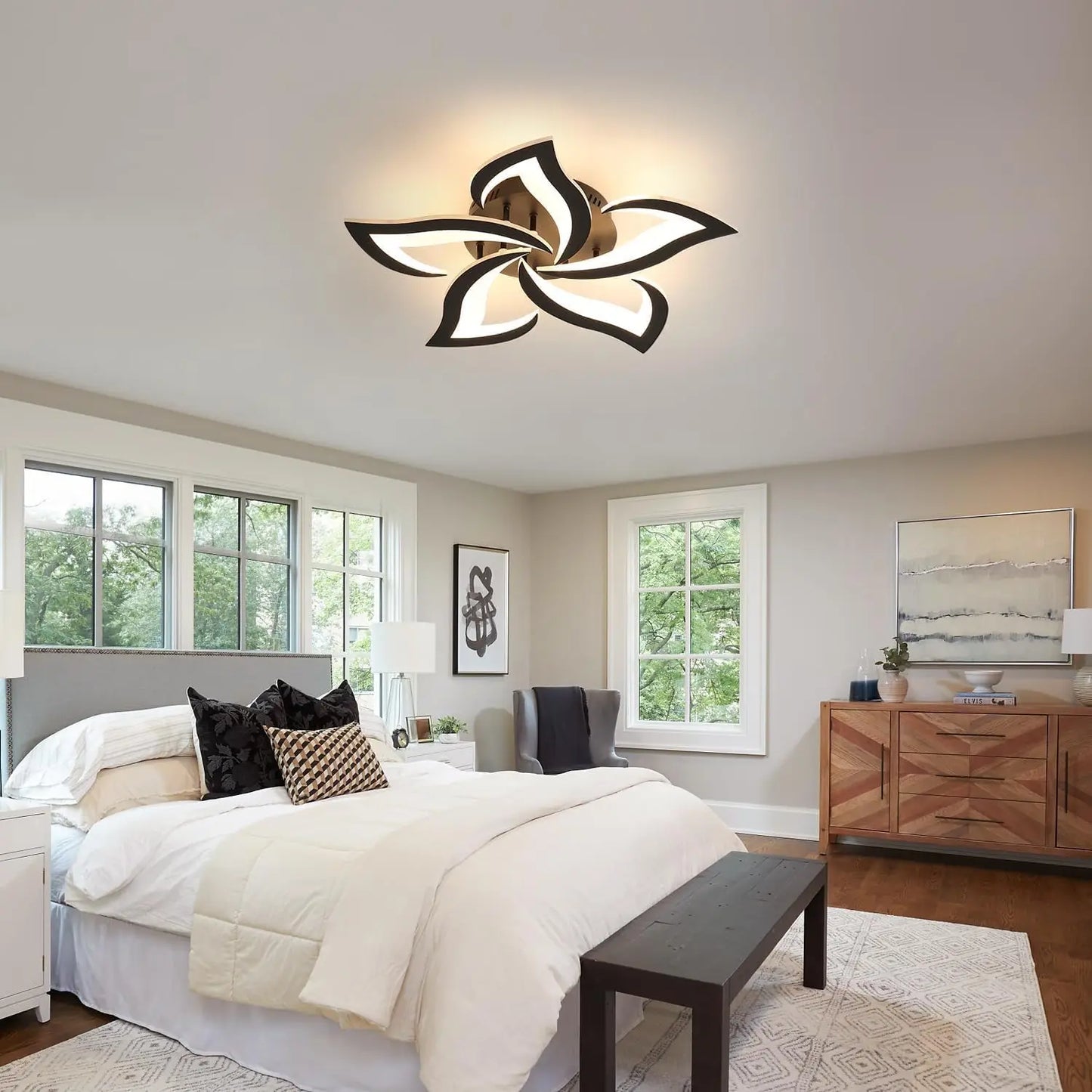 Modern Led Ceiling Light,60W Creative Petals Design Ceiling Light,Acrylic Ceiling Lamp,for Living Room Diameter Black 3000K