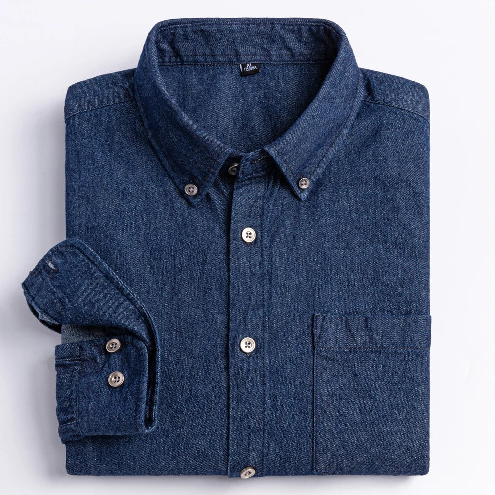 Men's Denim Casual Long Sleeve Pocket Shirt. Regular-Fit Comfortable Soft. 100% Cotton Washed Durability