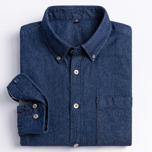 Men's Denim Casual Long Sleeve Pocket Shirt. Regular-Fit Comfortable Soft. 100% Cotton Washed Durability