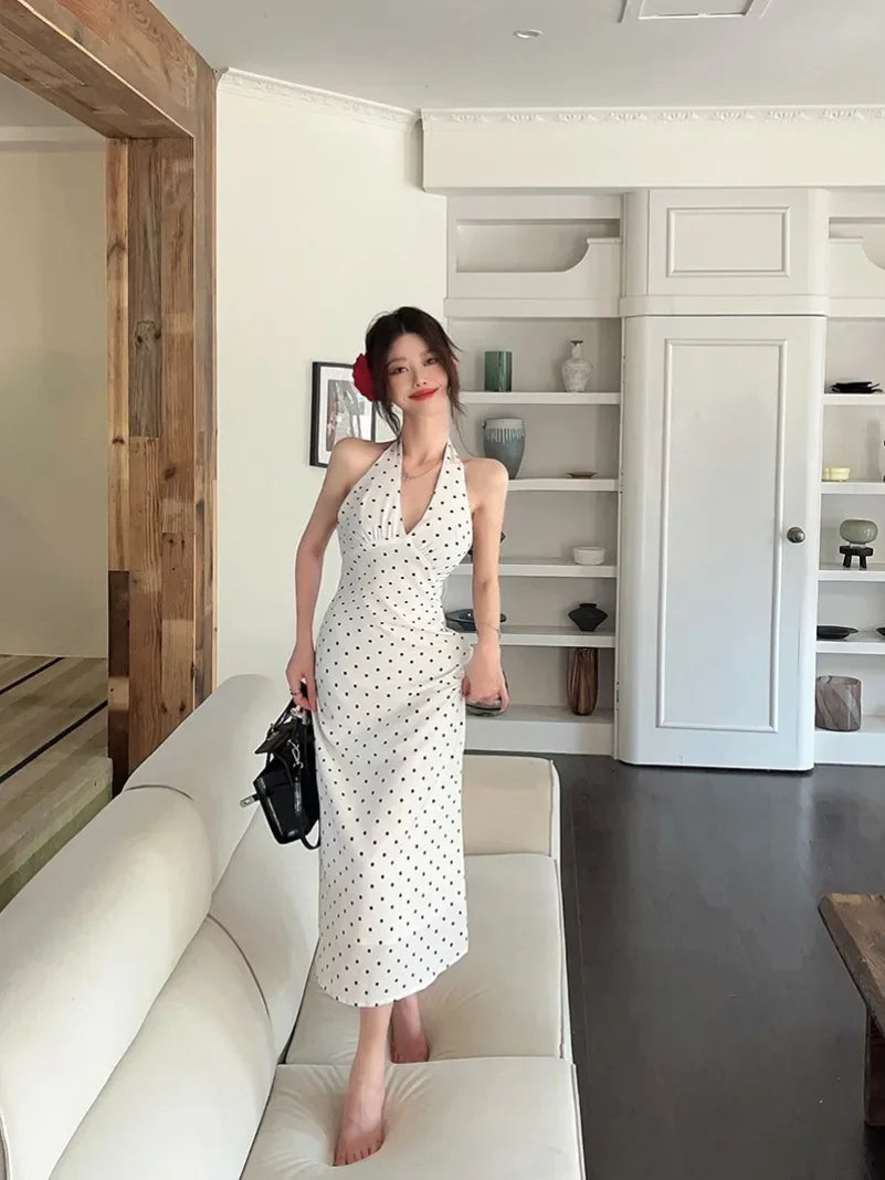 Korean Style Open-back Halter Neck Dress Women. Elegant Long Dress.