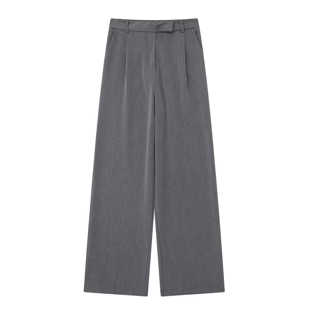 TRZA Women Fashion With Darts Front Pockets Wide Leg Pants Vintage High Waist Zipper Fly Female Trousers Mujer