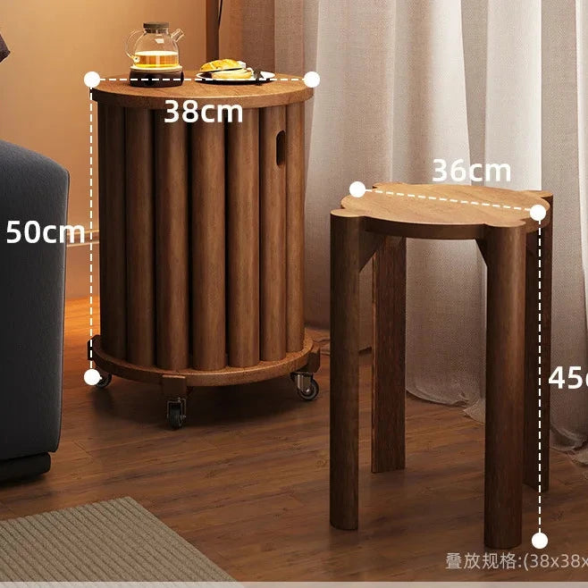 Solid Wood Stackable Folding Coffee Table Set 2-in-1 Ottoman Stool for Living Room/ Dining/ Guest Seating Spaces Storage Design