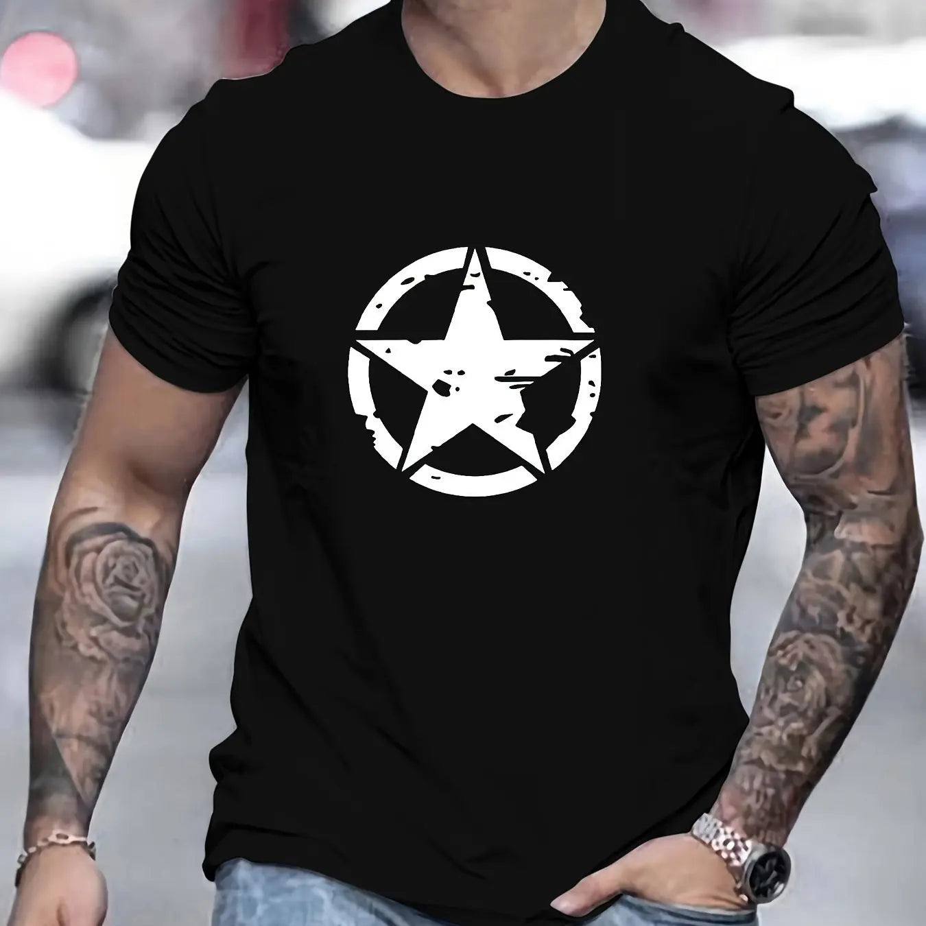 Summer men's 100% cotton comfortable casual loose oversized star logo graphic printed sports round neck short sleeved T-shirt