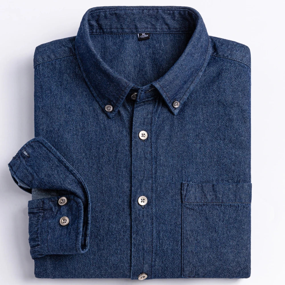 Men's Denim Casual Long Sleeve Pocket Shirt. Regular-Fit Comfortable Soft. 100% Cotton Washed Durability