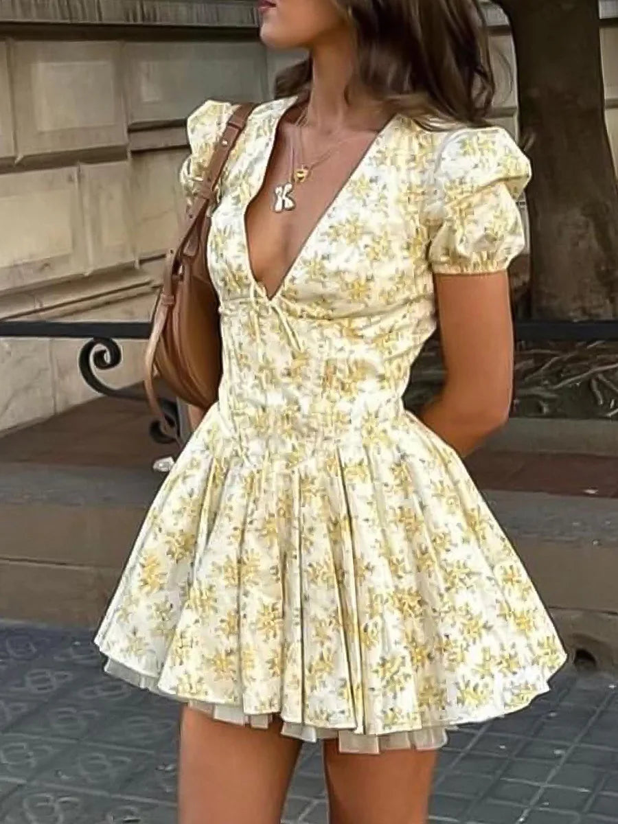 Talenza Printed V-Neck Short Sleeve Mini Dress Women's Summer Sexy Floral Pleated Party A-Line Dress High Waist Slim Mini Dress