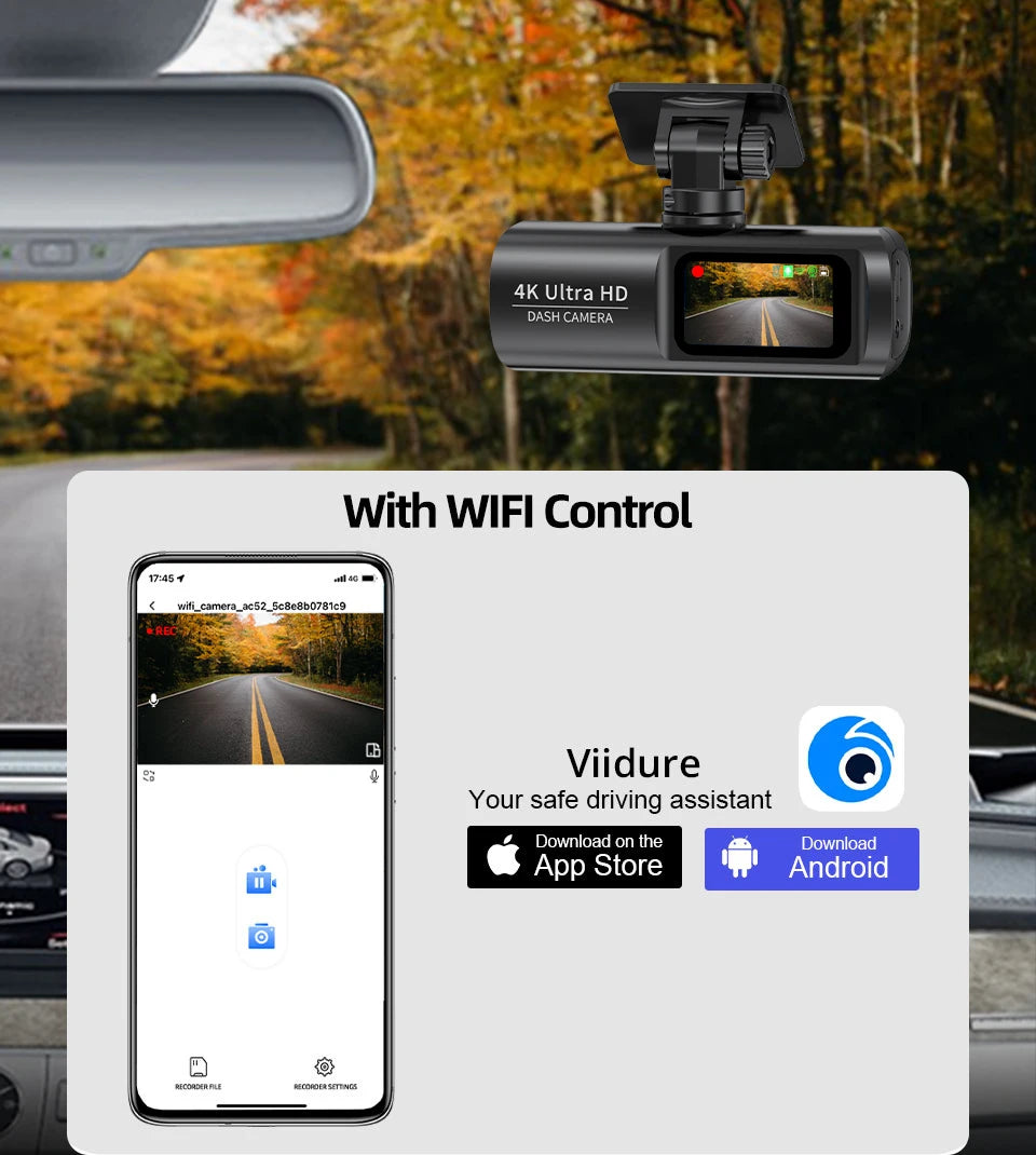 E-ACE UHD 4K Dashcam With GPS WiFi Night Vision 24h Parking Loop Dual Channel Recording 4K Front and 1080P Rear Dual Lens