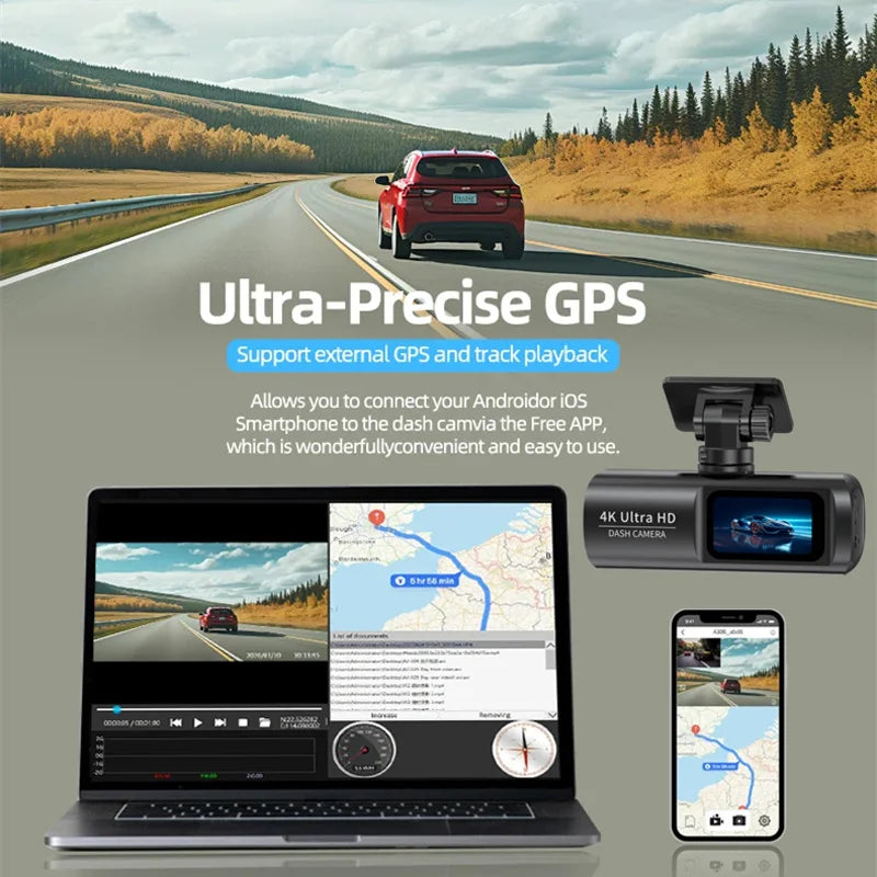 E-ACE UHD 4K Dashcam With GPS WiFi Night Vision 24h Parking Loop Dual Channel Recording 4K Front and 1080P Rear Dual Lens