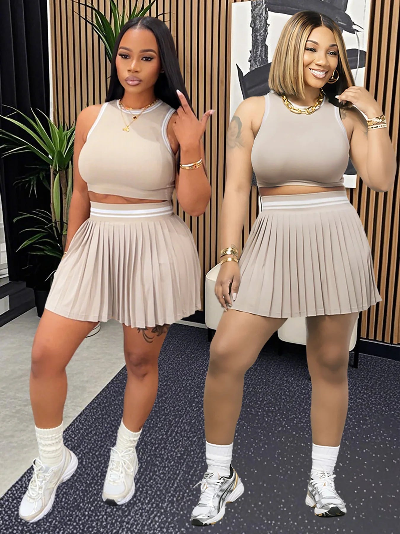 Women O-neck Mini Tank Top and Pleated Mini Skirt Suit. Fitness 2Piece Set Outfit.