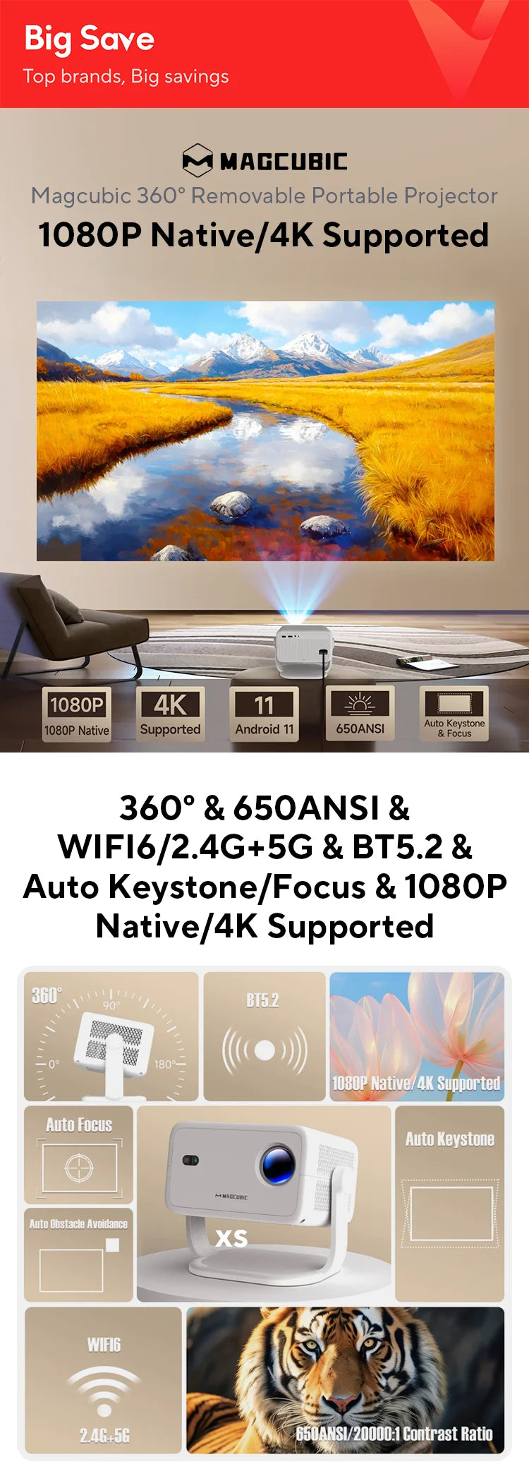 Magcubic Native 1080P 650ANSI 4K Android 11 L018 360° Projector With Auto Keystone Focus Air Mouse Wifi6 BT5.2 Portable Outdoor