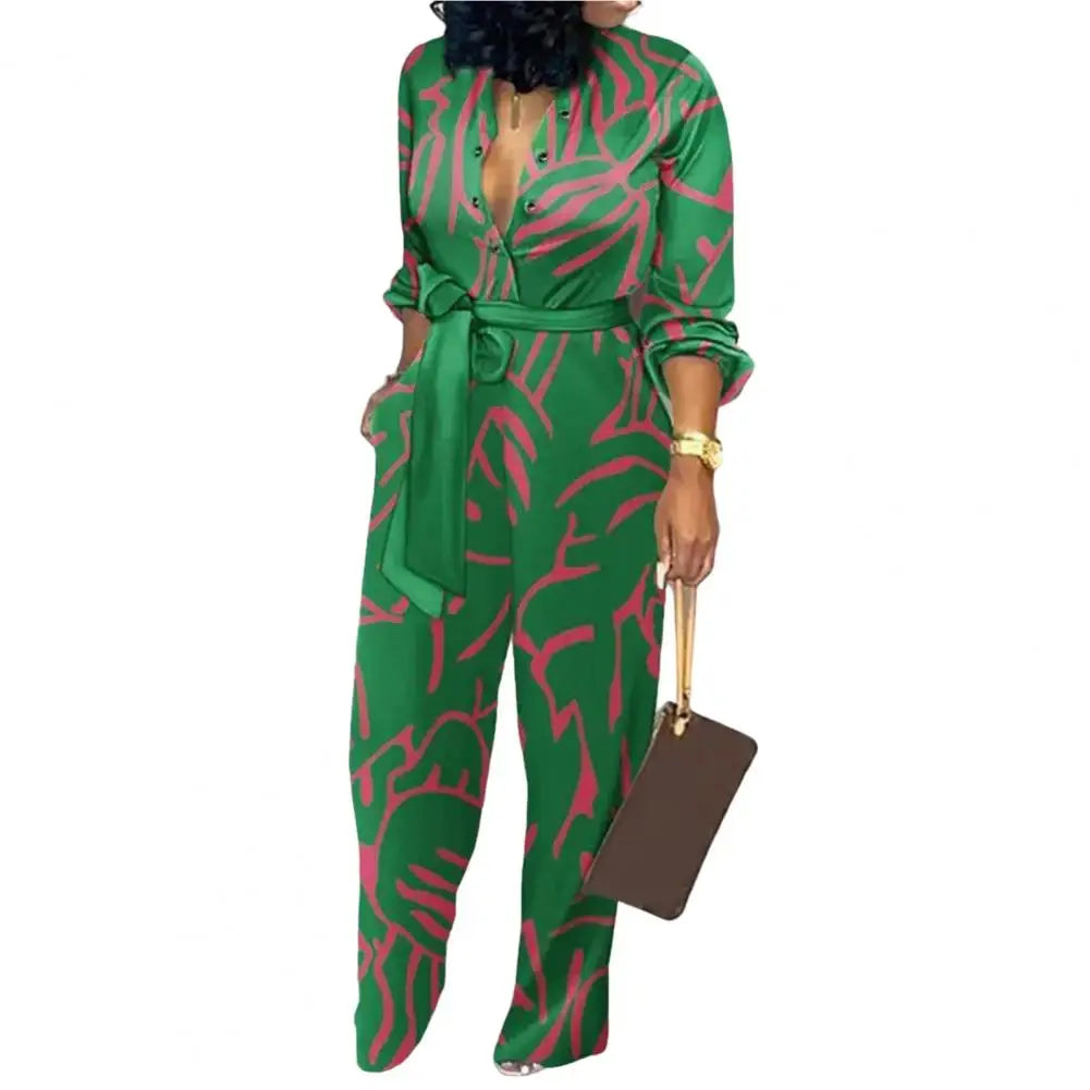 Women Jumpsuit V-Neck Long Sleeve High Waist Buttons Half Placket Pockets Autumn Abstract Print Front Belted Jumpsuit