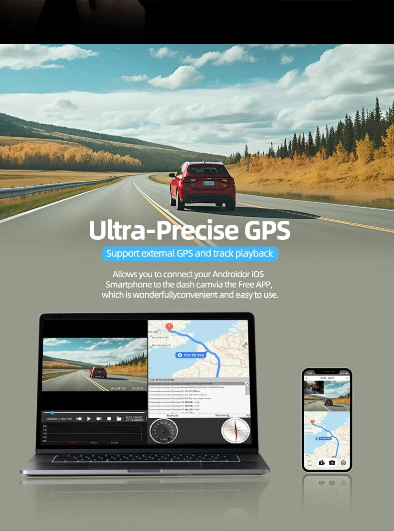 E-ACE UHD 4K Dashcam With GPS WiFi Night Vision 24h Parking Loop Dual Channel Recording 4K Front and 1080P Rear Dual Lens