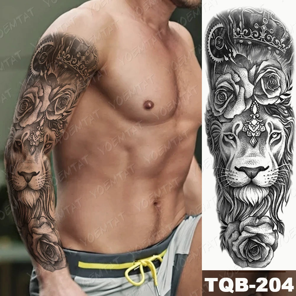Dark Style Thorns Large Full Arm Sleeve Waterproof Temporary Tattoo Sticker Lion Rose Flower Hand Fake Tatoo Body Art Men Women