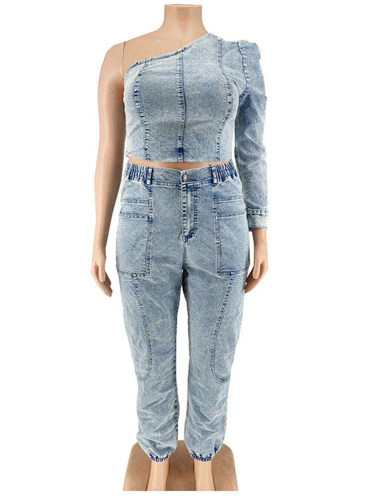Two Piece Set Women Top and Pants Fashion Sexy One Shoulder Top Elastic Jeans Plus Size Matching Sets Wholesale Dropshipping