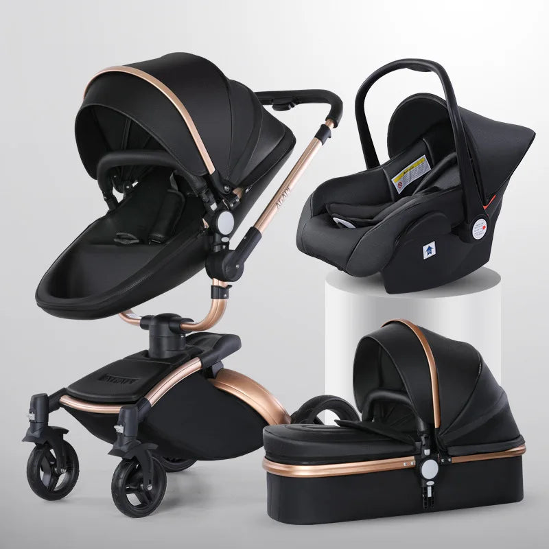 Luxury Baby Stroller 3-in-1 - PU Leather Pram with Car Seat Newborn