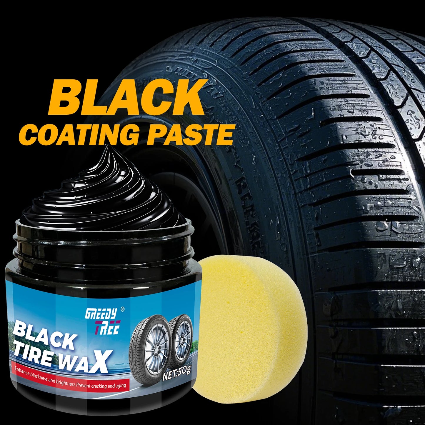 Black Tire Wax, Water-Resistant Car Wheel Shine, Long-Lasting Protection.