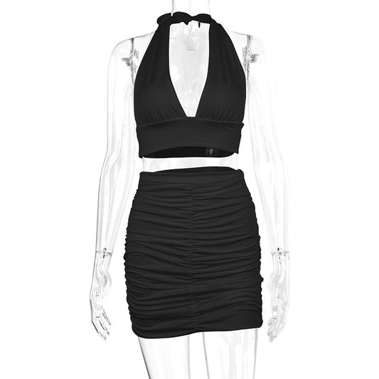 2 piece Dress Suits For Women. Halter Lace-up Hip Top and Pleated Hip-covering Skirt
