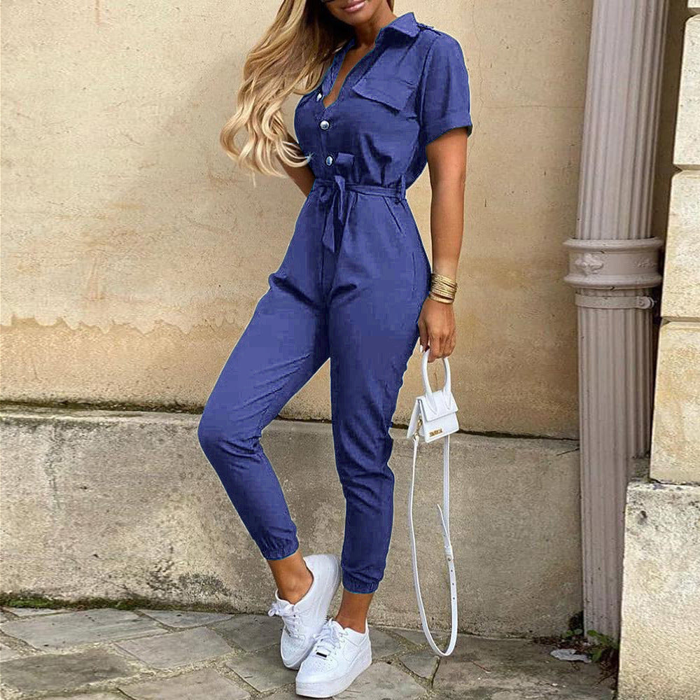 Classic, Casual, Lapel Printed Belt Overalls, Jumpsuit for women