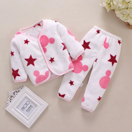 Adorable 2pcs flannel baby clothing set. Soft jacket & pants for newborns 0–24M. Perfect spring & autumn wear for boys and girls. - WAREHOUSE SHOP