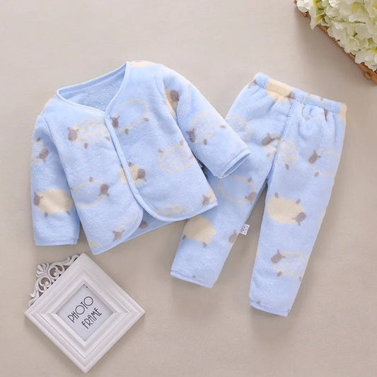 Adorable 2pcs flannel baby clothing set. Soft jacket & pants for newborns 0–24M. Perfect spring & autumn wear for boys and girls. - WAREHOUSE SHOP