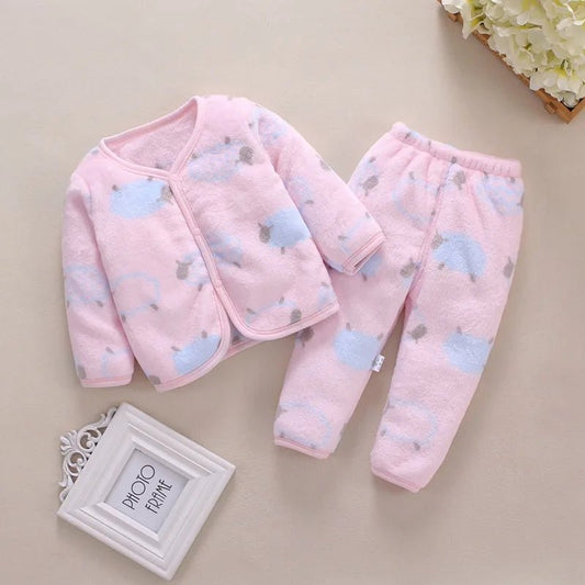 Adorable 2pcs flannel baby clothing set. Soft jacket & pants for newborns 0–24M. Perfect spring & autumn wear for boys and girls. - WAREHOUSE SHOP