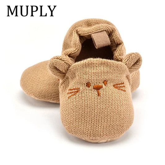 Adorable infant knit slippers with cartoon design, anti - slip sole, and cozy style – perfect crib shoes for baby boys and girls. - WAREHOUSE SHOP