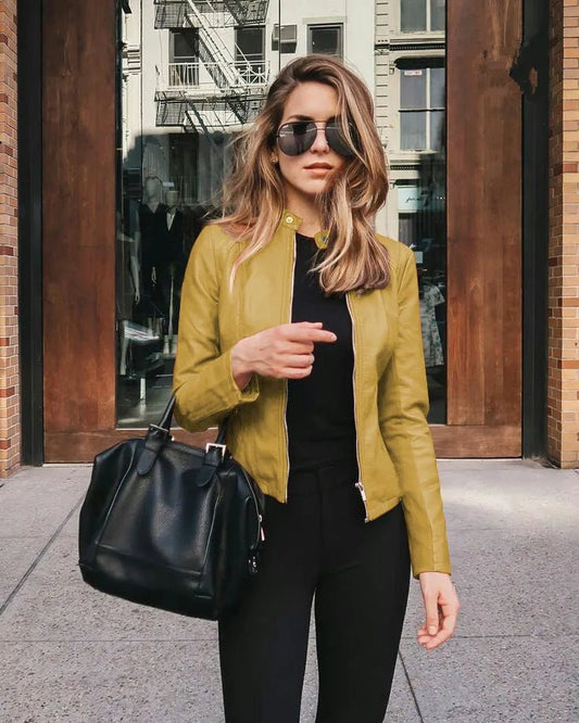 All seasons Leather Jacket for Women. Large Size Solid Color, Elegant Versatile Top PU Coat - WAREHOUSE SHOP