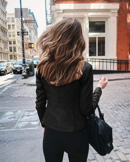 All seasons Leather Jacket for Women. Large Size Solid Color, Elegant Versatile Top PU Coat - WAREHOUSE SHOP