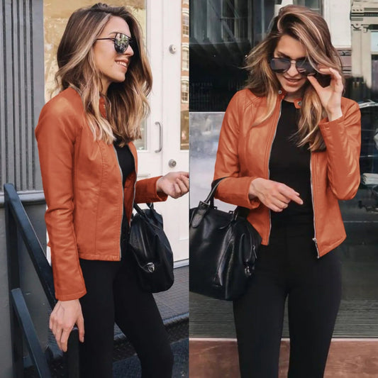 All seasons Leather Jacket for Women. Large Size Solid Color, Elegant Versatile Top PU Coat - WAREHOUSE SHOP