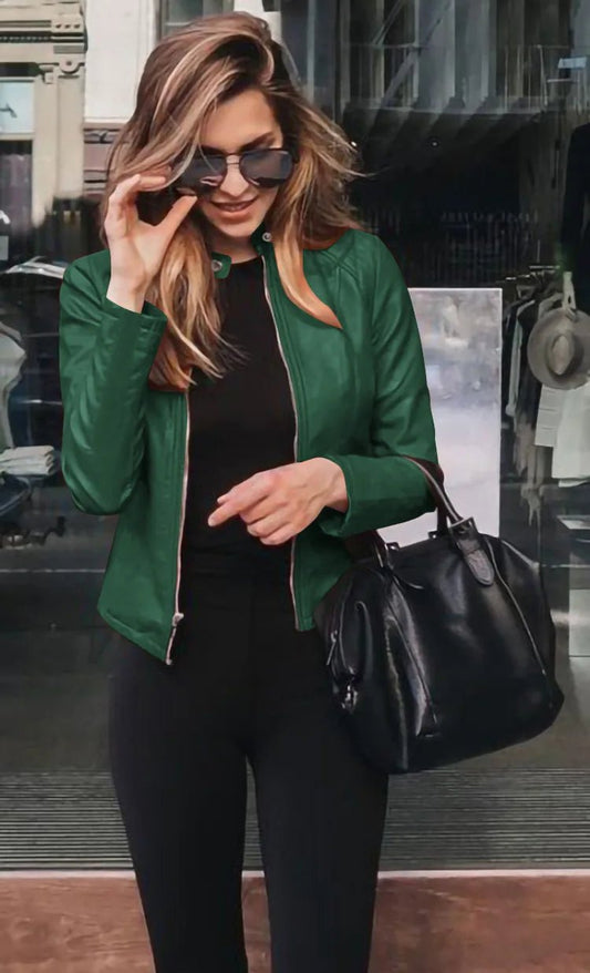 All seasons Leather Jacket for Women. Large Size Solid Color, Elegant Versatile Top PU Coat - WAREHOUSE SHOP