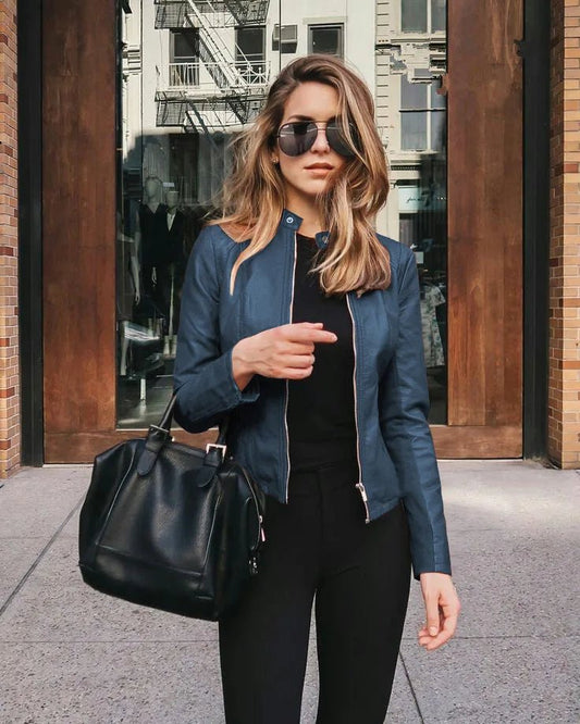 All seasons Leather Jacket for Women. Large Size Solid Color, Elegant Versatile Top PU Coat - WAREHOUSE SHOP