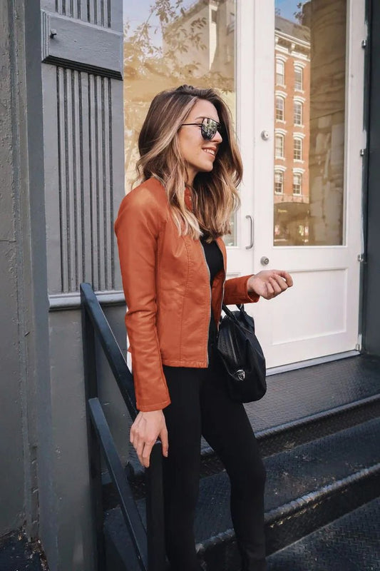 All seasons Leather Jacket for Women. Large Size Solid Color, Elegant Versatile Top PU Coat - WAREHOUSE SHOP