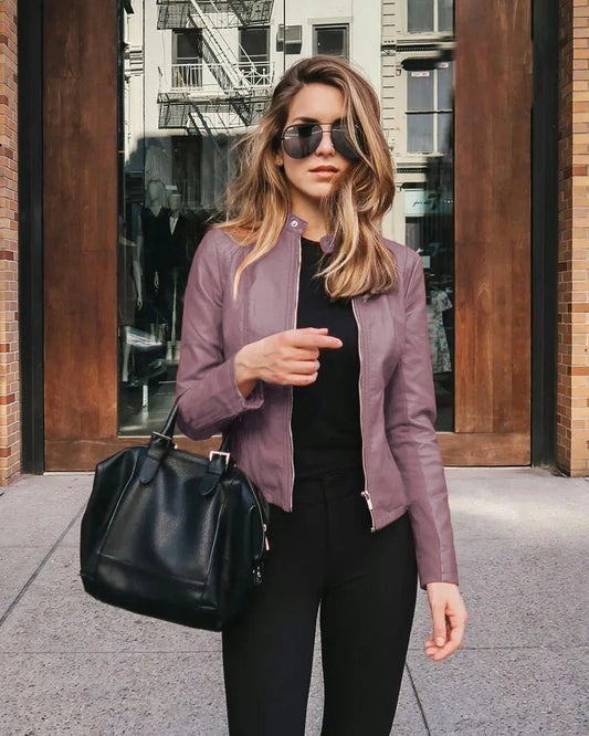 All seasons Leather Jacket for Women. Large Size Solid Color, Elegant Versatile Top PU Coat - WAREHOUSE SHOP