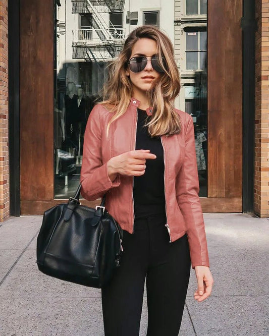 All seasons Leather Jacket for Women. Large Size Solid Color, Elegant Versatile Top PU Coat - WAREHOUSE SHOP