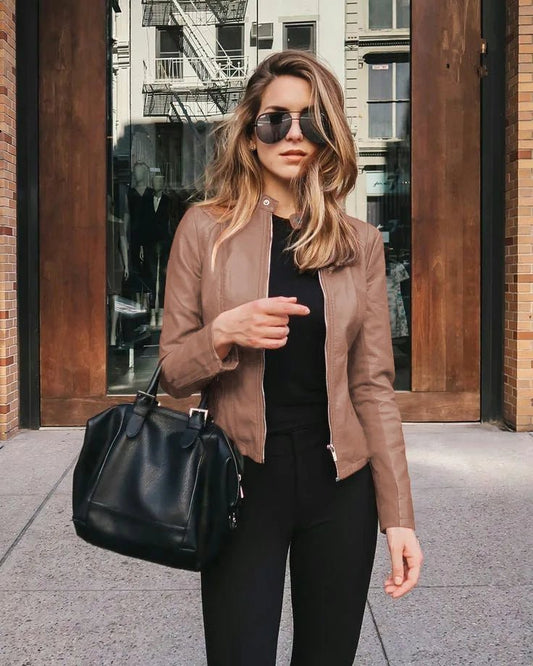 All seasons Leather Jacket for Women. Large Size Solid Color, Elegant Versatile Top PU Coat - WAREHOUSE SHOP
